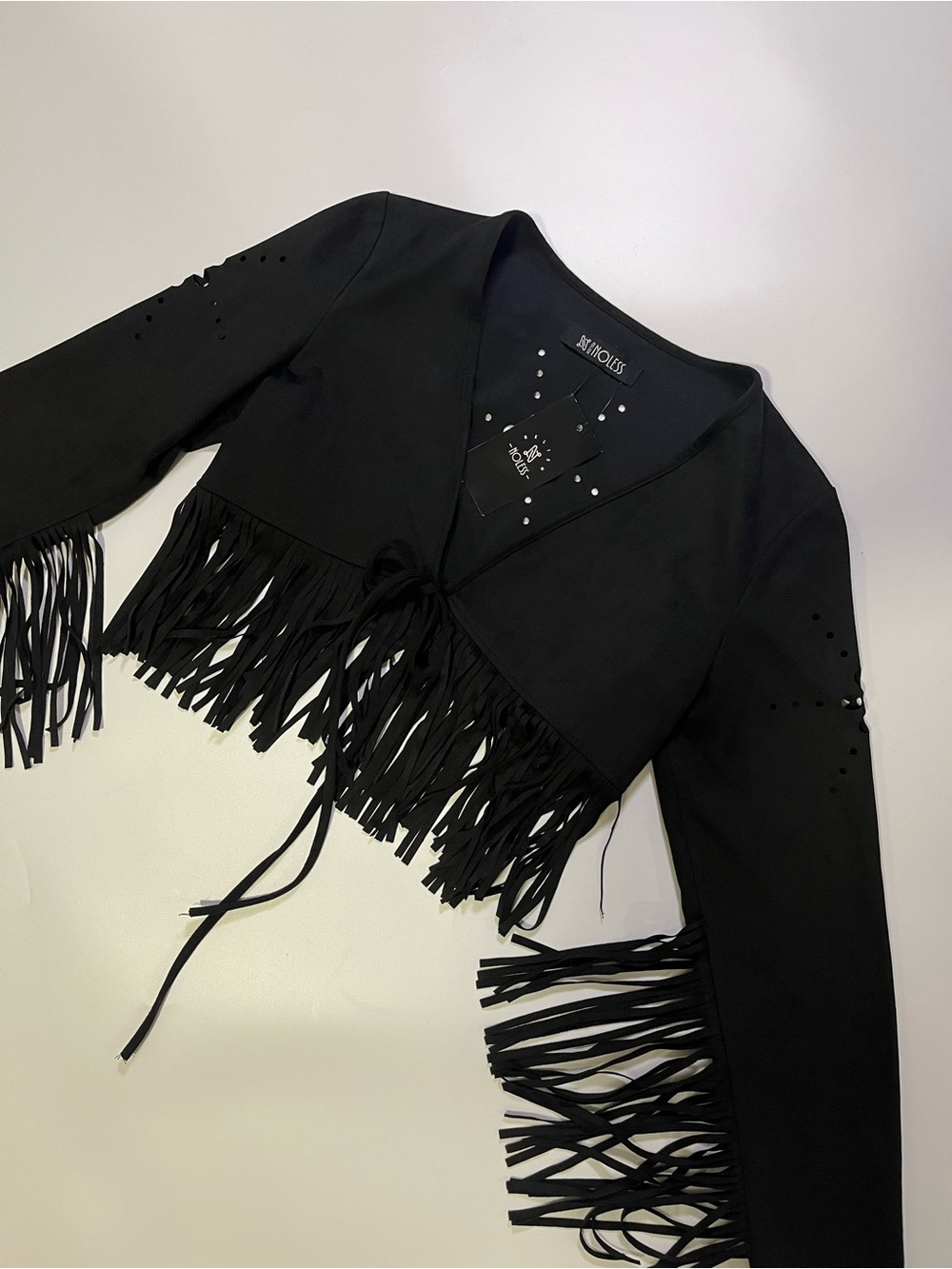 nwt black fringe cutout long sleeve top